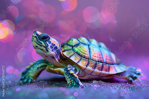 A lovable turtle with holographic pink and green shell on a glowing lavender background