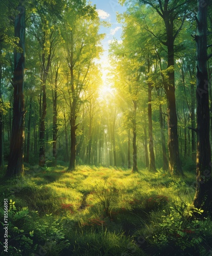 Sunlight filtering through trees in forest