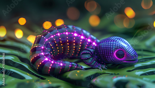 A whimsical critter with glowing purple stripes on a pixelated green backdrop