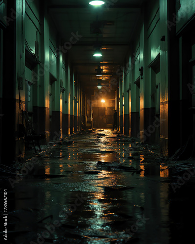 A deserted asylum filled with flickering lights and distant whispers, capturing the essence of fear and suspense