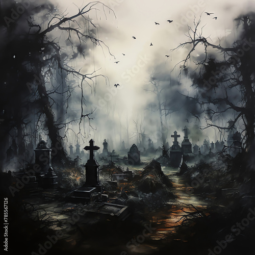 A misty graveyard engulfed in darkness, complete with ominous trees and swirling fog Traditional Art oil painting watercolor