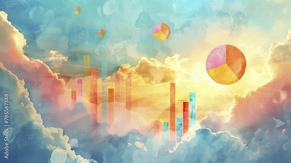 Data-driven artistry: Pie charts and bar graphs float amidst serene ...