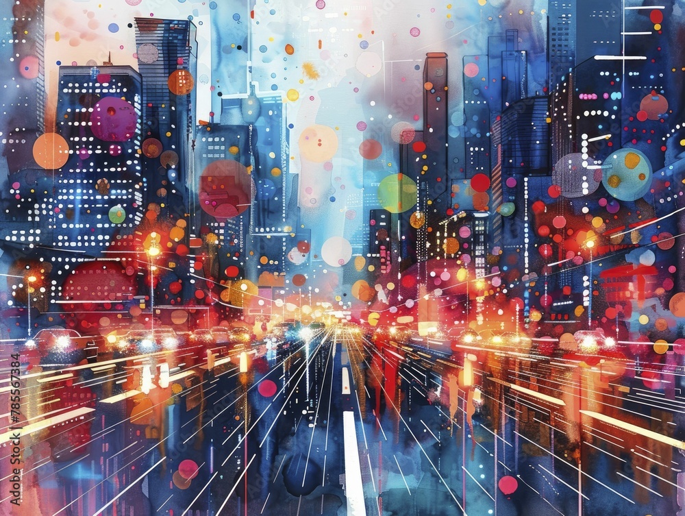 Futuristic city where roads and vehicles are replaced with data streams and light particles, symbolizing a digital business ecosystem, watercolor painting.