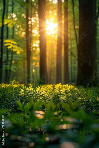 Sun shining through trees in forest