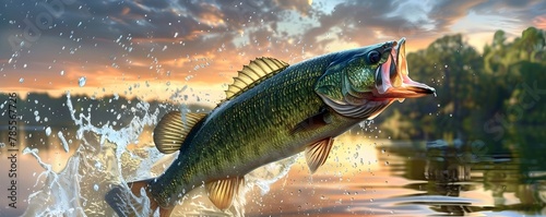 Largemouth Bass Leaping from Serene Lake at Vibrant Sunrise in Painterly Style