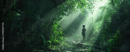 A botanical explorer taming wild, magical vines to create a safe path through a storm-ravaged jungle photo