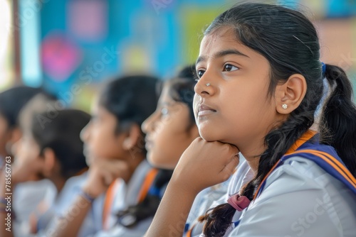a very attentive indian girl student in school uniform from middle school, sincerely studying in her class along with other students