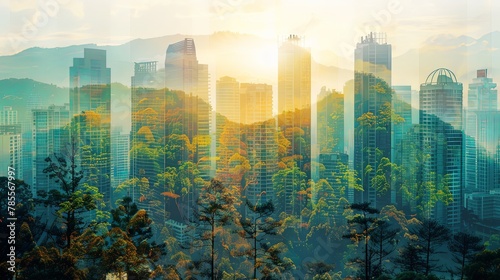 Green summer forest vegetation double exposure overlay with urban downtown cityscape photo