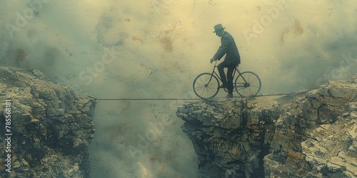 Retro styled businessman riding a vintage bicycle on a tightrope between cliffs, metaphor for risk and balance in business, sepia tones, watercolor painting. photo