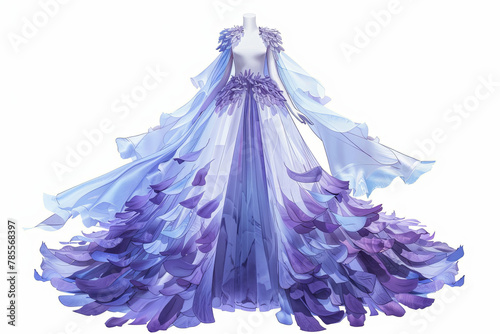 Long evening dress sketch. Gown made from flowers purple petals, long flared skirt with oversized layers, elegant.