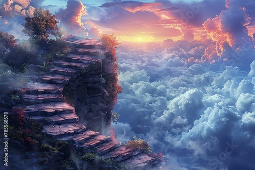 Staircase winding into the clouds, symbolizing lofty business ambitions, surreal sky with floating islands, watercolor painting.