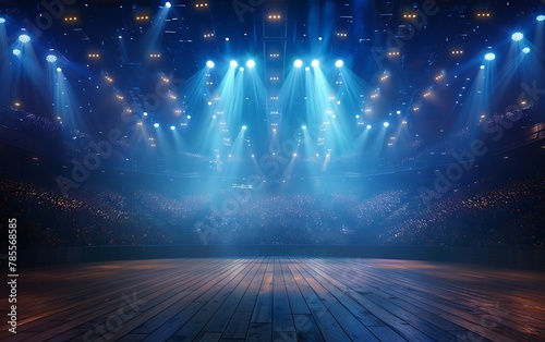 Inside view of a large concert arena with spotlights