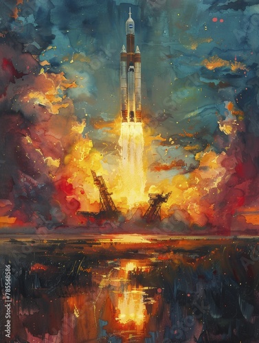 Stylized rocket launch site with countdown, symbolizing business launch and ambitious goals, dusk setting with vibrant colors, watercolor painting.
