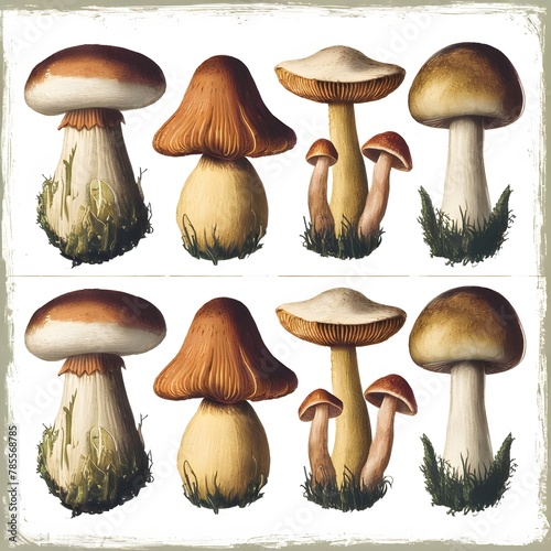 A nostalgic clip art illustration of eight different types of mushrooms, each with their own unique characteristics