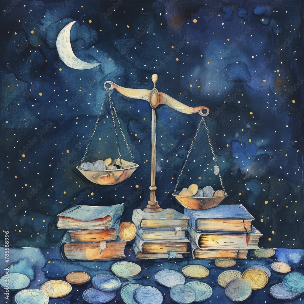 In the serene night, a surreal scene unfolds: scales balance books and coins, melding knowledge with finance in a watercolor masterpiece. - obrazy, fototapety, plakaty 