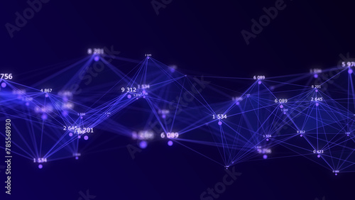 Blue network connection structure. Stream of binary code. Digital background with dots, numbers and lines. Big data visualization. 3D rendering.