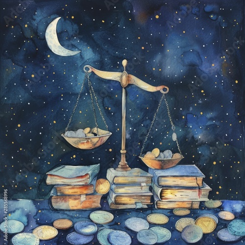 In the serene night, a surreal scene unfolds: scales balance books and coins, melding knowledge with finance in a watercolor masterpiece.