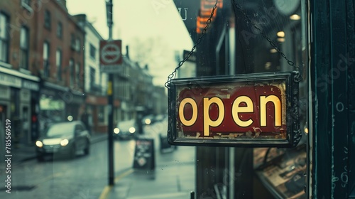 A vintage open sign illuminates a wet city street outside a shop on a rainy evening.