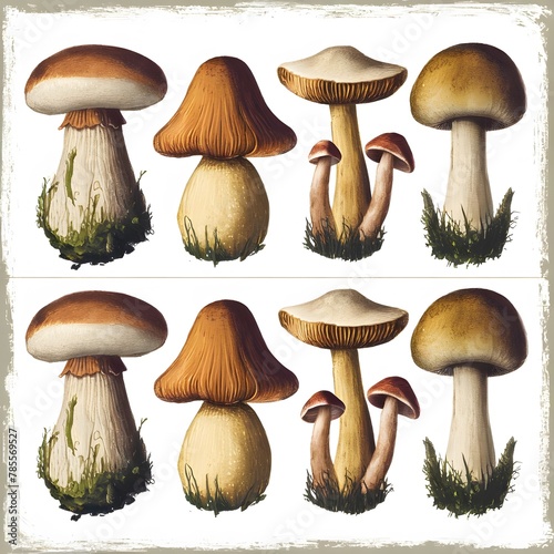A nostalgic clip art illustration of eight different types of mushrooms, each with their own unique characteristics