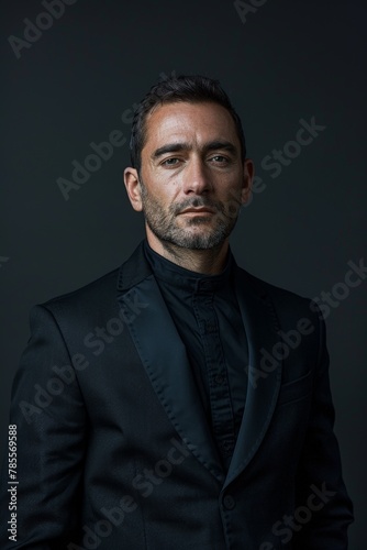 Man in black suit posing for picture