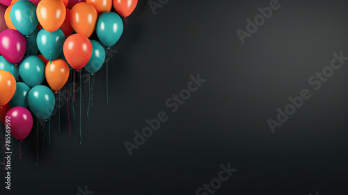 Soft pastel balloons on one side, against a clean black background, celebrations. AI-generated.