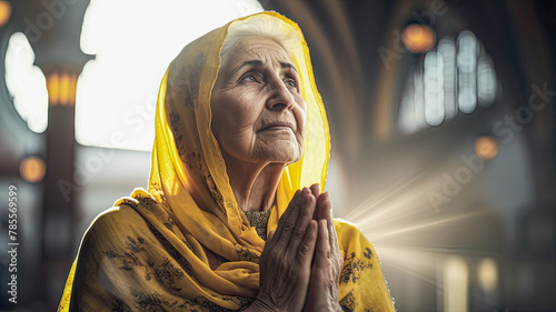 Profile of aged Arab woman, wearing striking yellow veil, deep in prayer inside mosque.