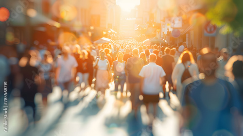 crowd of people on a sunny summer street blurred abstract background in out-of-focus, sun glare image light