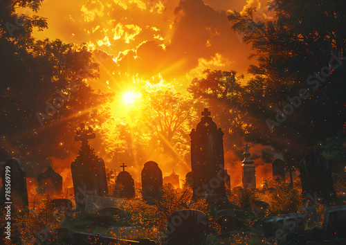 Sunset bathes a graveyard in a warm, golden glow, illuminating tombstones and creating a serene but mysterious and ominous atmosphere. © ELmahdi-AI