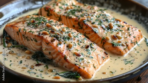  Two salmon fillets atop a plate, swathed in white sauce Garnishes gracefully crown the dish on a weathered wooden table