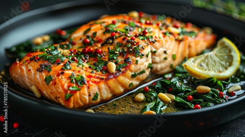   A close-up of a fish slice on a plate, garnished with various accompaniments photo