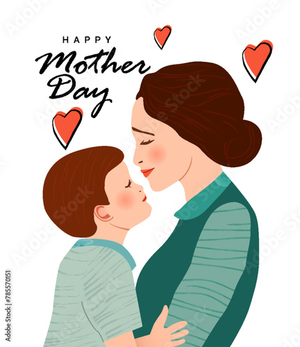 Vector Illustration of Mother wanting to kiss her Son. Happy Mother's Day Greeting Card.