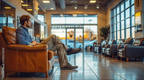 A customer sitting comfortably in the waiting area of an automotive service center, enjoying complimentary refreshments while their car is being serviced  photo