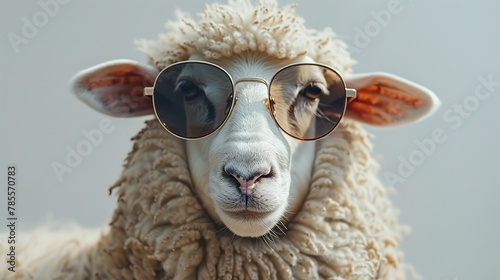Portrait of a sheep wearing sunglass over a clean backdrop with space for text or product advertisement a farming type backdrop, Generative AI.