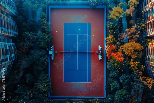 An aerial view of a tennis court surrounded by lush trees in an urban setting at dusk.