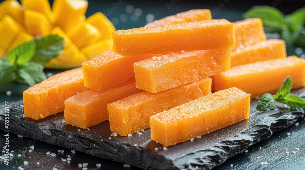 A black plate holds a mound of chopped carrots, nearby sits a green leafy plant A black plate holds a mound of chopped carrots, nearby sits a green leafy plant