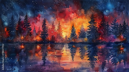 This watercolor painting depicts a forest engulfed in flames under a twilight sky, showcasing contrasting cool and warm tones