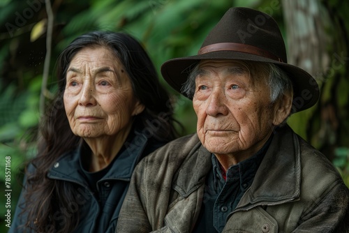 An elderly Asian couple reflect deeply, surrounded by the tranquility of a lush forest.