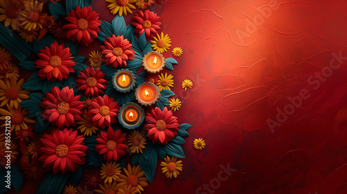 Happy Diwali - Clay Diya lamps lit during Diwali, Hindu festival of lights celebration. Colorful traditional oil lamp diya on red background.