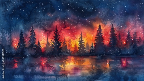 This watercolor painting depicts a forest engulfed in flames under a twilight sky  showcasing contrasting cool and warm tones