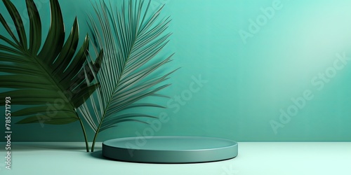 Teal background with shadows of palm leaves on a teal wall, an empty table top for product presentation. A mockup banner stand