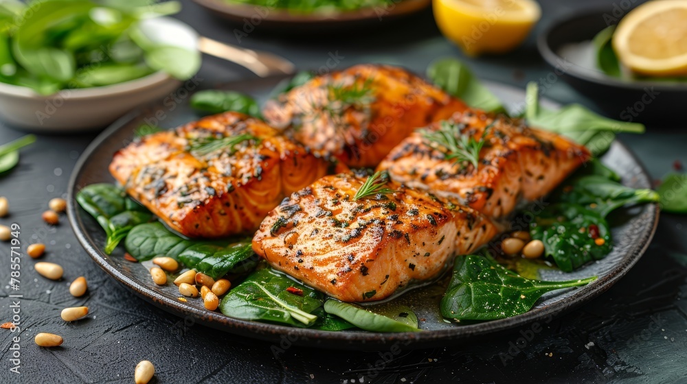Lemon slices accompany the spinach on the side Lemon slices accompany the spinach on the side