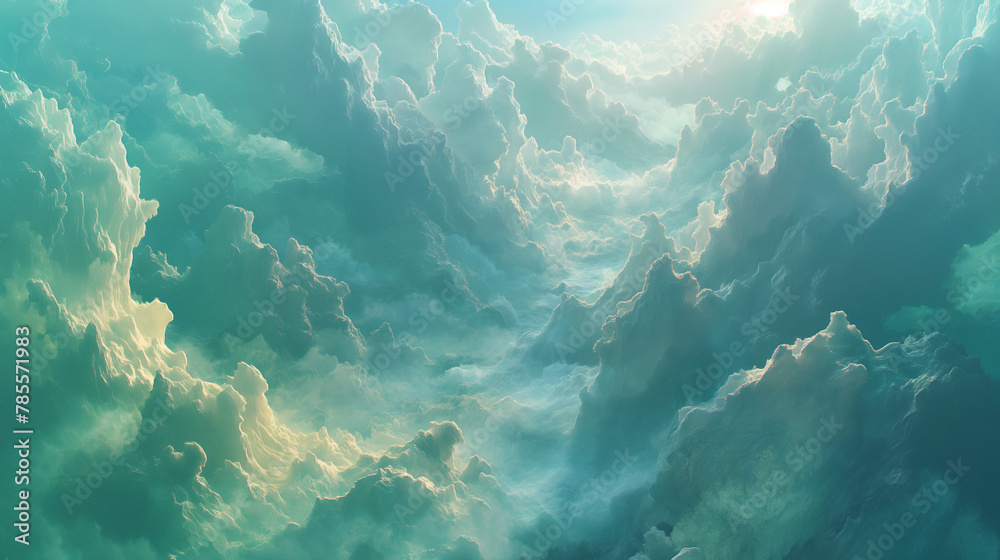 beautiful mountain under sea of cloud , light blue green white and gold, minimalist style, 