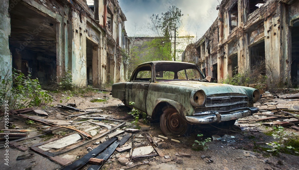 Fototapeta premium Coche abandonado en una ciudad abandonada