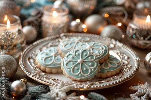 Elegant snowflake-shaped sugar cookies with aqua icing on a silver plate