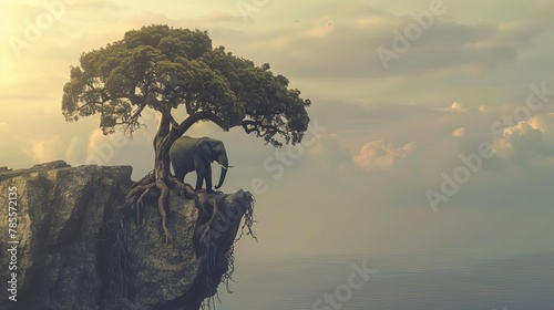 solitary elephant perched atop a tree a surreal and thoughtprovoking concept illustration photo