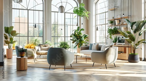 spacious modern office lounge with large windows cozy armchairs and natural plants in coworking environment 3d illustration photo