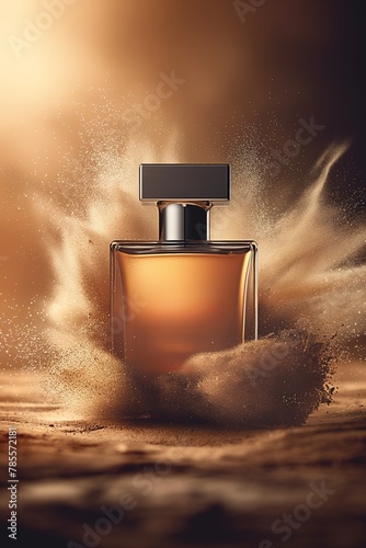 Perfume bottle in a cloud of golden dust