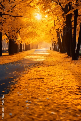 Scenic autumn landscape golden forest and winding asphalt road pathway in vibrant colors