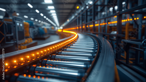 Photo of a conveyor belt, volumetric exposure,busy factory