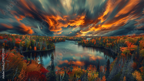 "Impressionist storm over a lake bordered by a colorful fall forest."